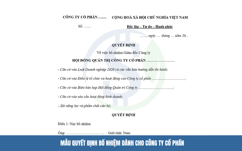 Mẫu quyết định bổ nhiệm dành cho công ty Cổ phần