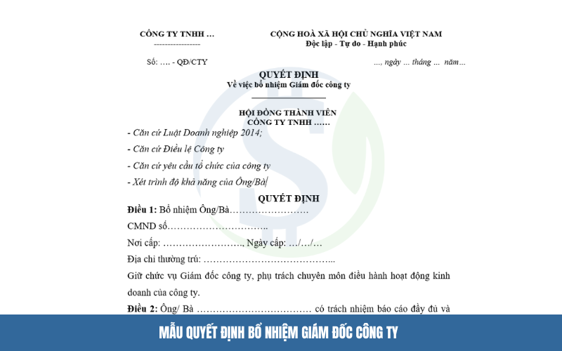 Mẫu quyết định bổ nhiệm giám đốc công ty