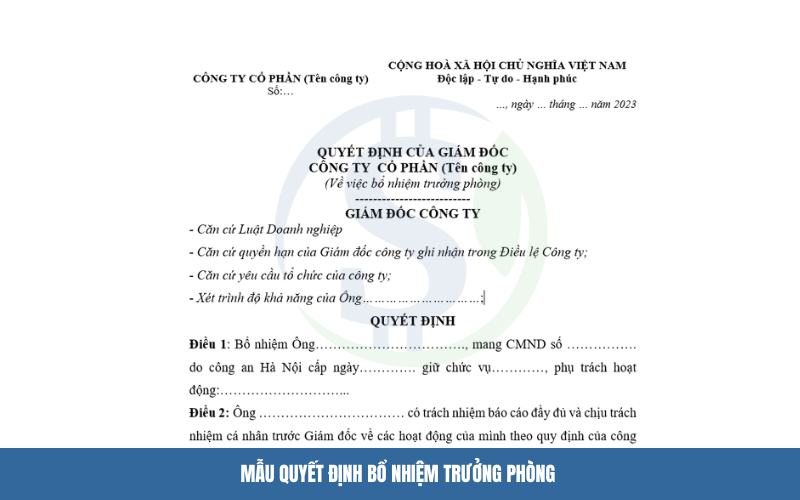 Mẫu quyết định bổ nhiệm trưởng phòng