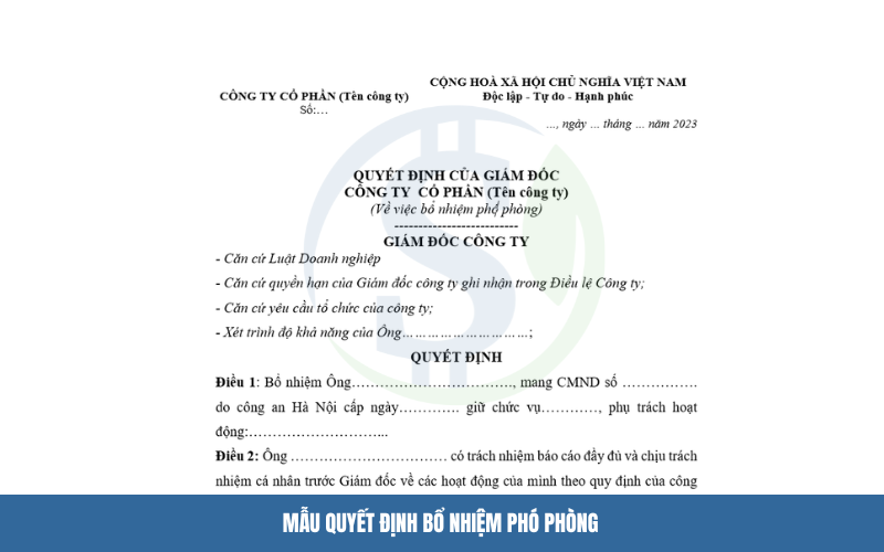 Mẫu quyết định bổ nhiệm phó phòng