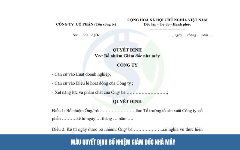 Mẫu quyết định bổ nhiệm giám đốc nhà máy