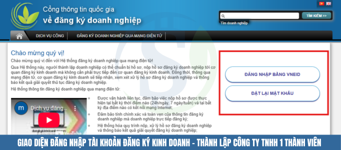 Giao diện đăng nhập tài khoản đăng ký kinh doanh - thành lập công ty TNHH 1 thành viên