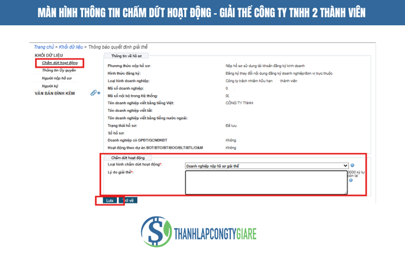 Màn hình thông tin chấm dứt hoạt động - Giải thể công ty TNHH 2 thành viên