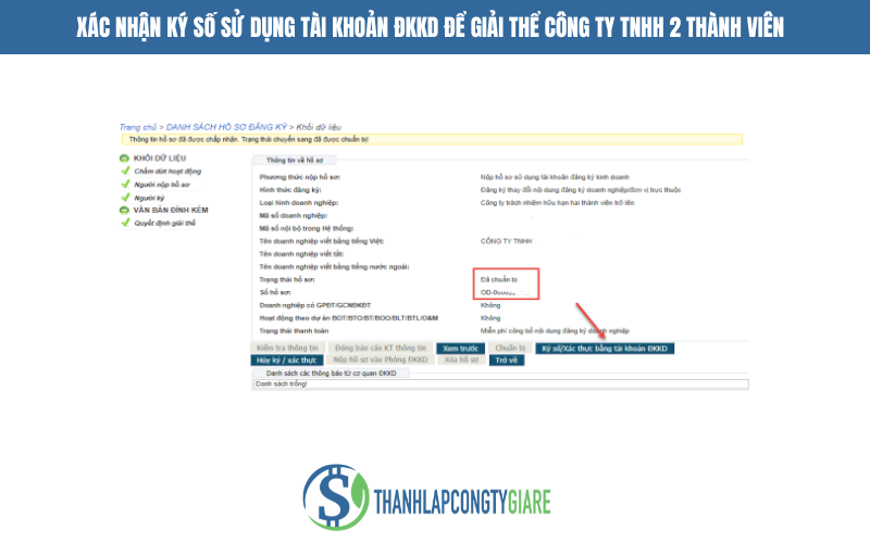 Xác nhận ký số sử dụng Tài khoản ĐKKD để giải thể công ty TNHH 2 thành viên