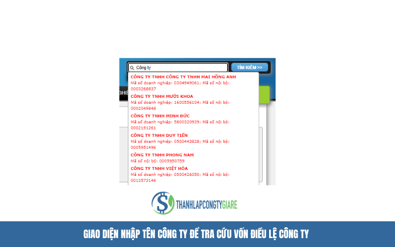 Giao diện nhập tên công ty để tra cứu vốn điều lệ công ty