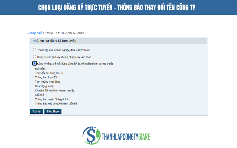 Chọn loại đăng ký trực tuyến - thông báo thay đổi tên công ty