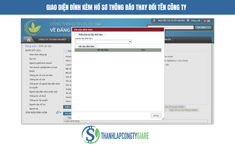 Giao diện đính kèm hồ sơ thông báo thay đổi tên công ty
