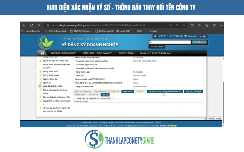 Giao diện xác nhận ký số - thông báo thay đổi tên công ty