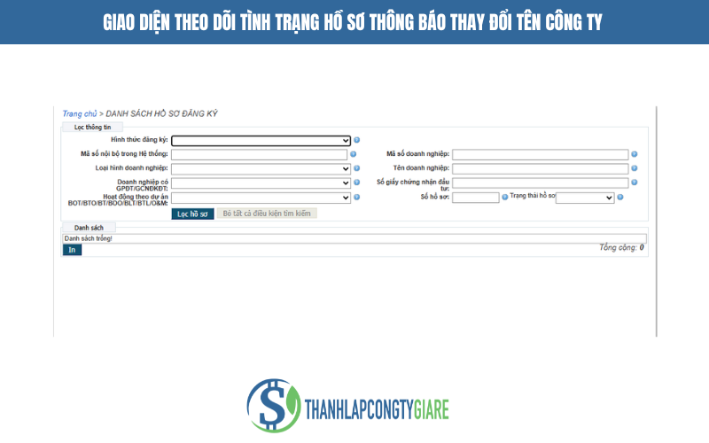 Giao diện theo dõi tình trạng hồ sơ thông báo thay đổi tên công ty