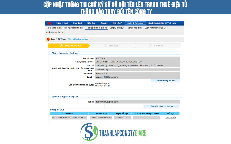 Cập nhật thông tin chữ ký số đã đổi tên lên trang thuế điện tử - thông báo thay đổi tên công ty
