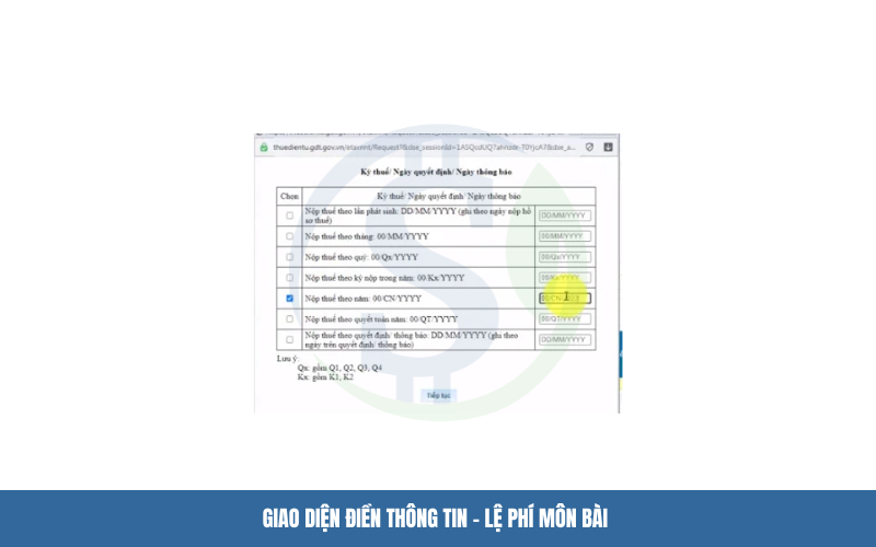 Giao diện chọn kỳ nộp thuế - Lệ phí môn bài