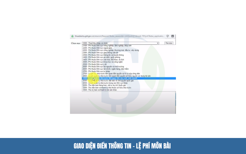 Giao diện chọn mục kê khai lệ phí môn bài