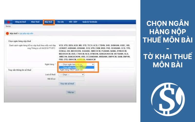 Chọn ngân hàng nộp thuế môn bài - Tờ khai thuế môn bài