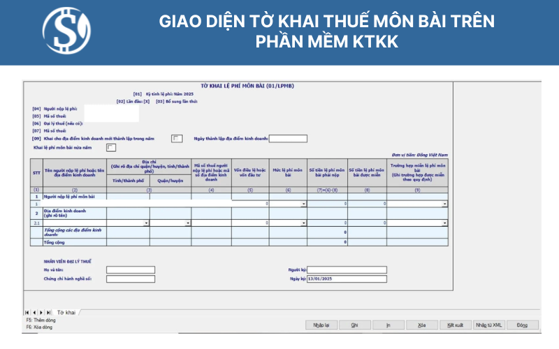 Giao diện tờ khai thuế môn bài trên phần mềm KTKK