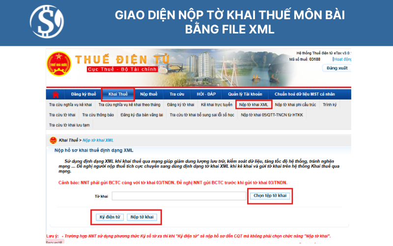 Giao diện nộp tờ khai thuế môn bài bằng file XML