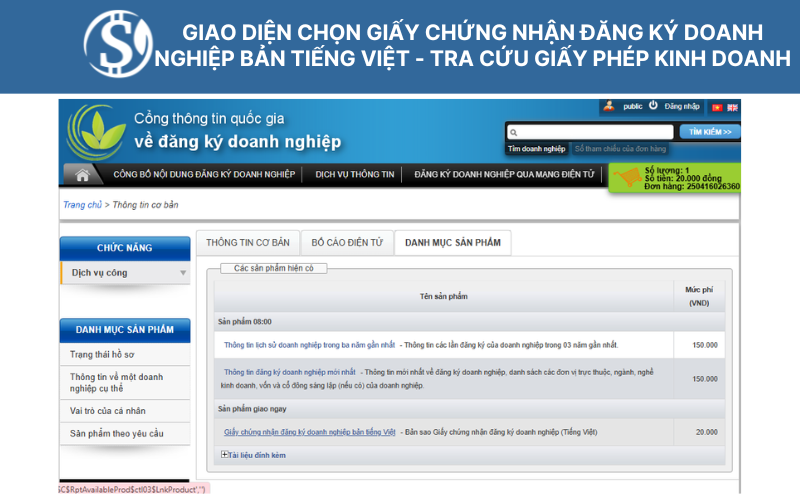 Giao diện chọn Giấy chứng nhận đăng ký doanh nghiệp bản tiếng Việt - Tra cứu giấy phép kinh doanh