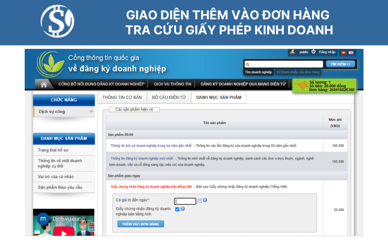Giao diện Thêm vào đơn hàng tra cứu giấy phép kinh doanh