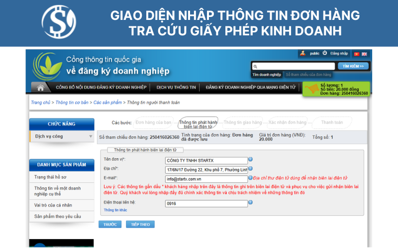 Giao diện nhập thông tin đơn hàng - Tra cứu giấy phép kinh doanh