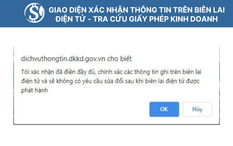 Giao diện xác nhận thông tin trên biên lai điện tử - Tra cứu giấy phép kinh doanh
