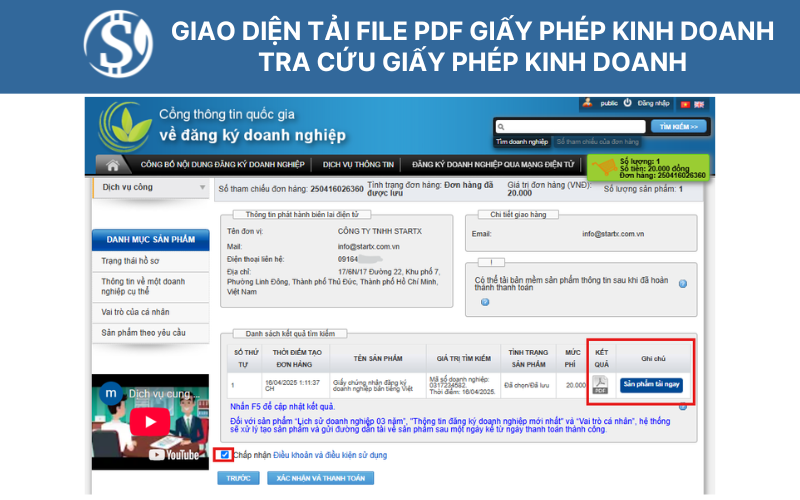 Giao diện tải file PDF Giấy phép kinh doanh - Tra cứu giấy phép kinh doanh