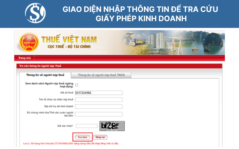 Giao diện nhập thông tin để tra cứu giấy phép kinh doanh