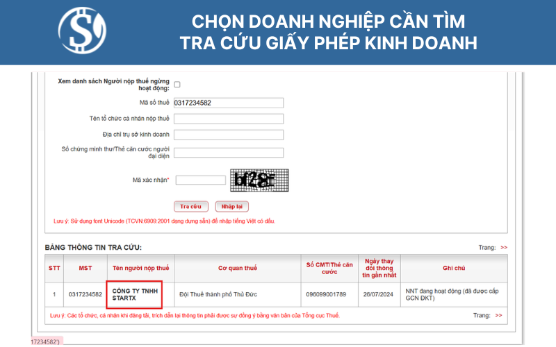Chọn doanh nghiệp cần tìm - Tra cứu giấy phép kinh doanh