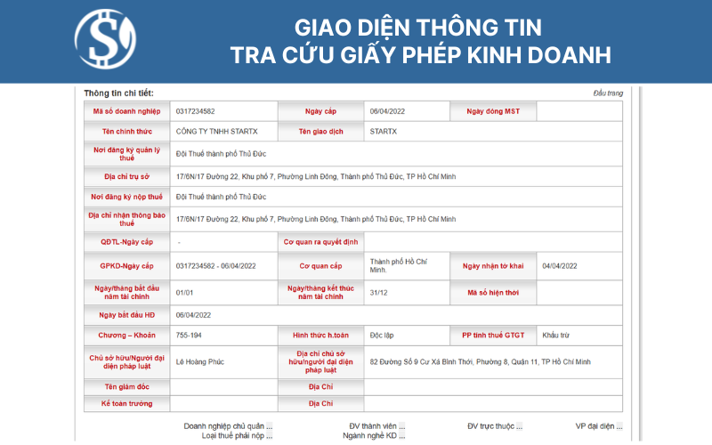Giao diện thông tin tra cứu giấy phép kinh doanh