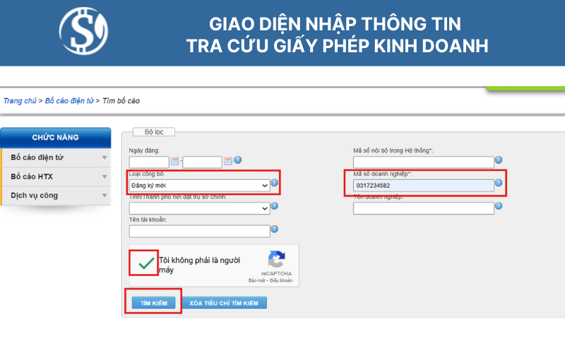 Giao diện nhập thông tin tra cứu giấy phép kinh doanh