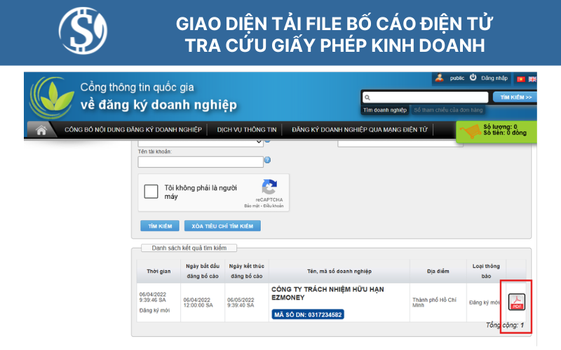 Giao diện tải file Bố cáo điện tử - tra cứu giấy phép kinh doanh
