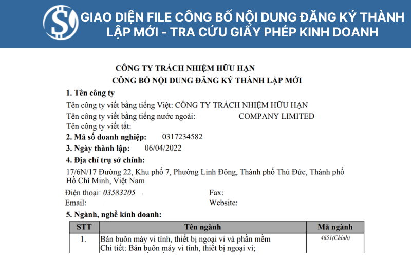 Giao diện File Công bố nội dung đăng ký thành lập mới - tra cứu giấy phép kinh doanh