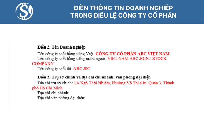 Điền thông tin doanh nghiệp trong Điều lệ công ty Cổ Phần