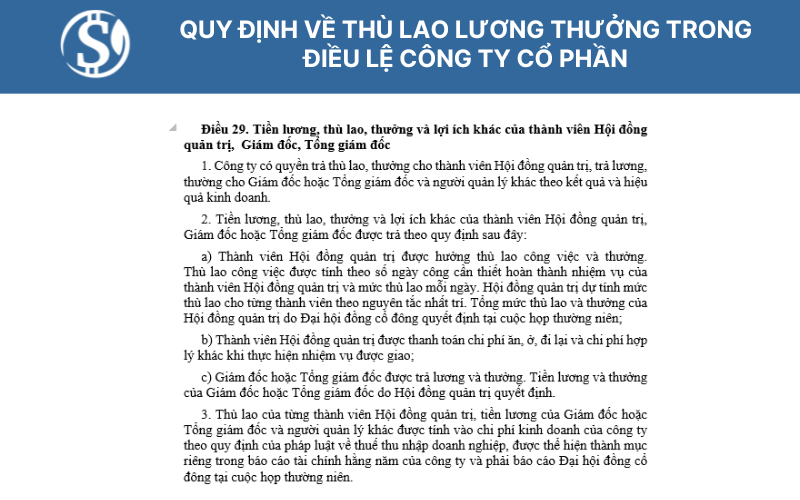 Quy định về thù lao lương thưởng trong Điều lệ công ty cổ phần