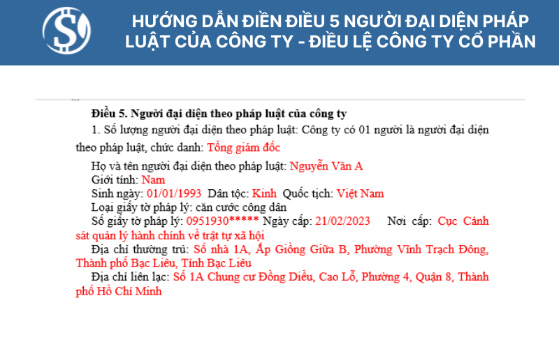 Hướng dẫn điền điều 5 người đại diện pháp luật của công ty - Điều lệ công ty cổ phần