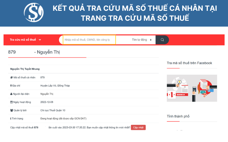 Kết qủa tra cứu mã số thuế cá nhân tại trang Tra cứu mã số thuế
