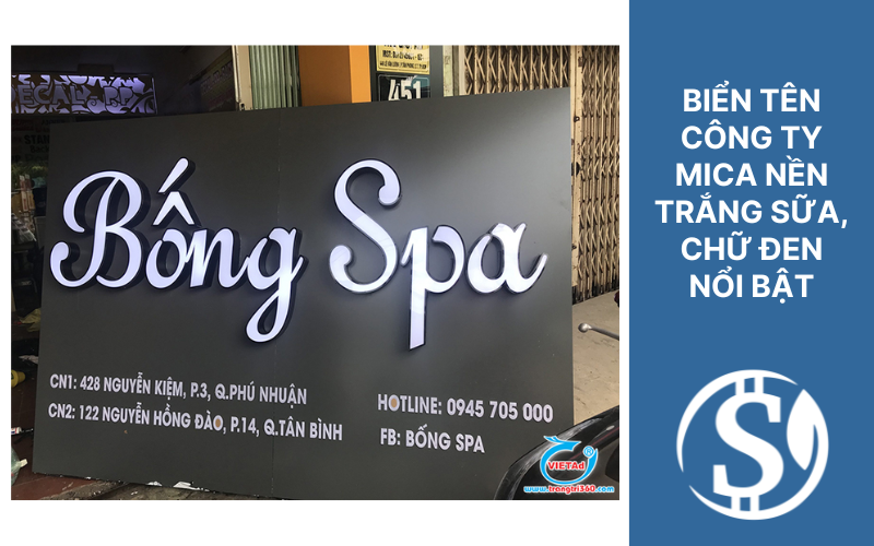 Biển tên công ty mica nền trắng sữa, chữ đen nổi bật