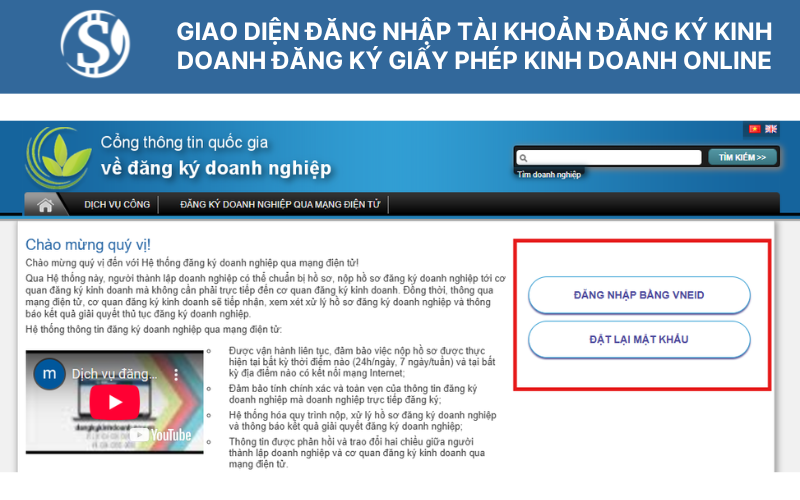 Giao diện đăng nhập tài khoản đăng ký kinh doanh - Đăng ký giấy phép kinh doanh online