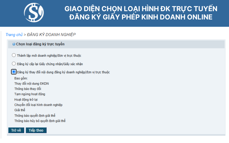 Giao diện chọn loại hình đăng ký trực tuyến - Đăng ký giấy phép kinh doanh online