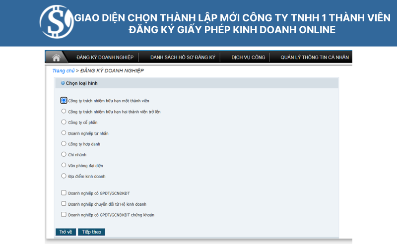 Giao diện chọn thành lập mới công ty TNHH 1 thành viên - Đăng ký giấy phép kinh doanh online