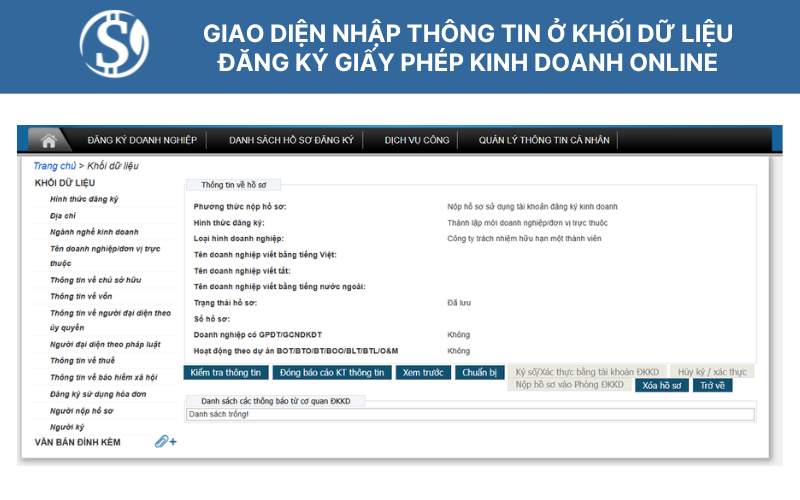 Giao diện nhập thông tin ở khối dữ liệu - Đăng ký giấy phép kinh doanh online