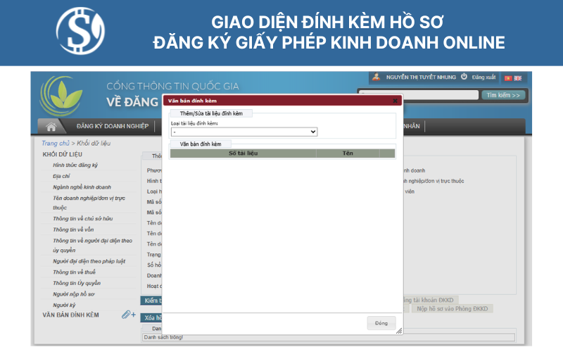 Giao diện đính kèm hồ sơ Đăng ký giấy phép kinh doanh online