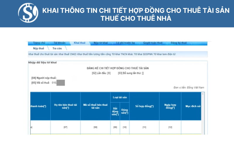 Khai thông tin chi tiết hợp đồng cho thuê tài sản - Thuế cho thuê nhà