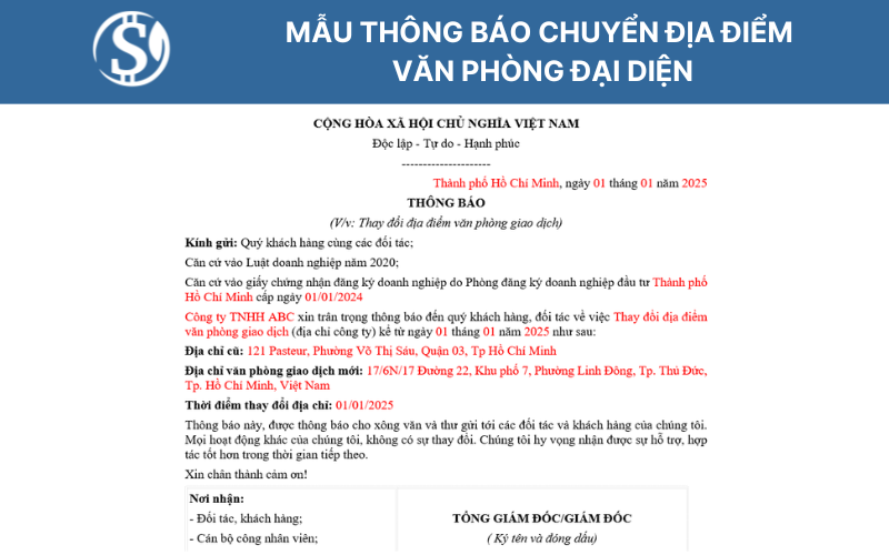 Mẫu thông báo chuyển địa điểm văn phòng đại diện Mẫu thông báo chuyển địa điểm văn phòng đại diện