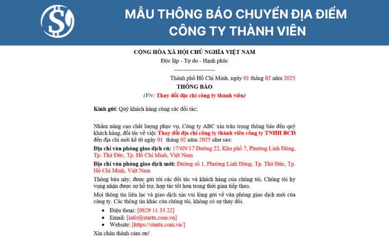 Mẫu thông báo chuyển địa điểm công ty thành viên Mẫu thông báo chuyển địa điểm công ty thành viên
