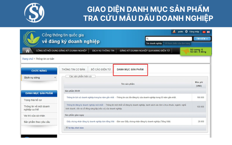  Giao diện danh mục sản phẩm - Tra cứu mẫu dấu doanh nghiệp