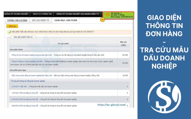 Giao diện thông tin đơn hàng - Tra cứu mẫu dấu doanh nghiệp