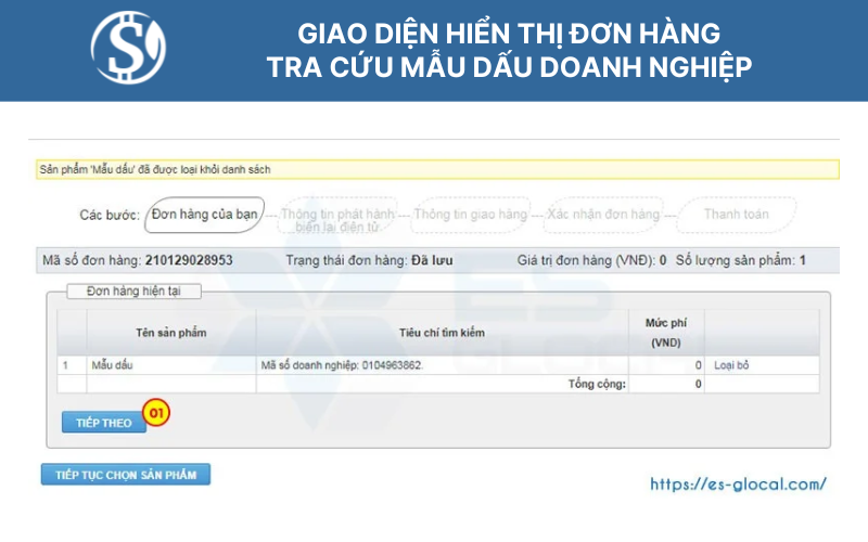 Giao diện hiển thị đơn hàng - Tra cứu mẫu dấu doanh nghiệp