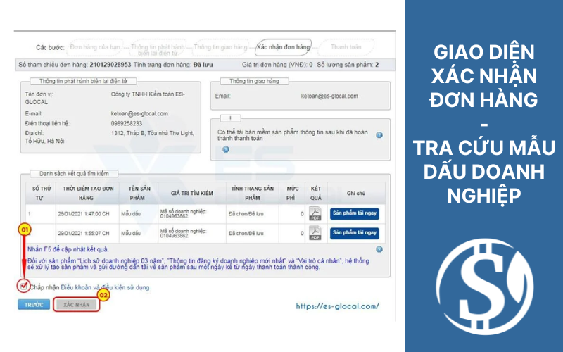 Giao diện xác nhận đơn hàng - Tra cứu mẫu dấu doanh nghiệp