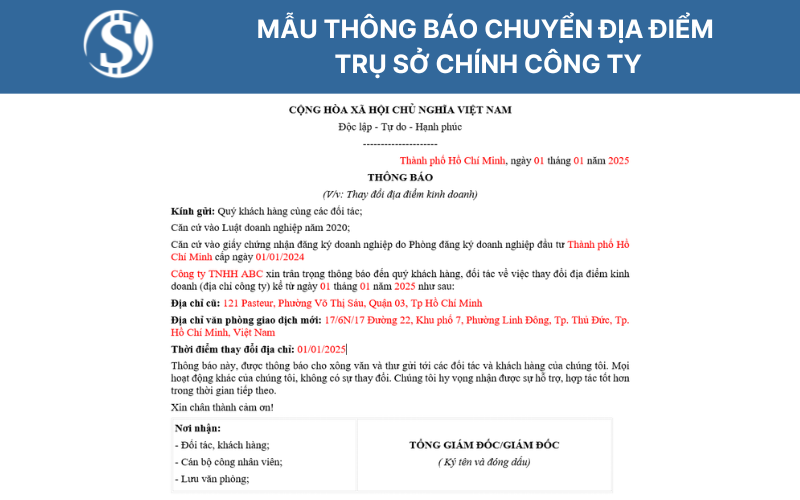 Mẫu thông báo chuyển địa điểm trụ sở chính công ty Mẫu thông báo chuyển địa điểm trụ sở chính công ty