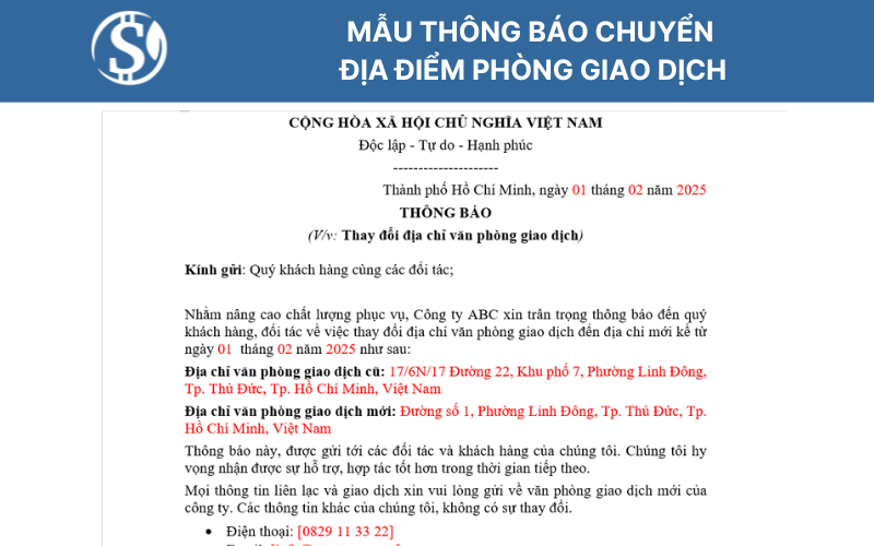 Mẫu thông báo chuyển địa điểm phòng giao dịch Mẫu thông báo chuyển địa điểm phòng giao dịch