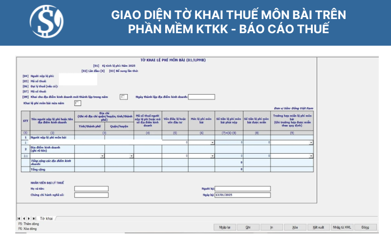 Giao diện tờ khai thuế môn bài trên phần mềm KTKK - Báo cáo thuế